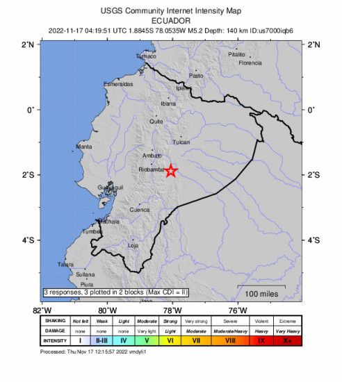 GEO Community Internet Intensity Map for the Ecuador 5.2m Earthquake, Wednesday Nov. 16 2022, 11:19:51 PM