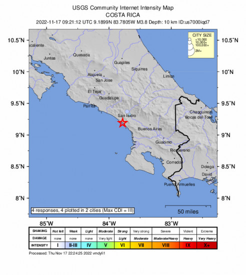 Community Internet Intensity Map for the Daniel Flores, Costa Rica 3.8m Earthquake, Thursday Nov. 17 2022, 3:21:12 AM