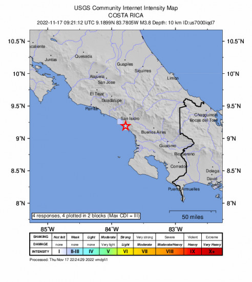 GEO Community Internet Intensity Map for the Daniel Flores, Costa Rica 3.8m Earthquake, Thursday Nov. 17 2022, 3:21:12 AM