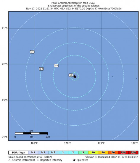 Peak Ground Acceleration Map for the Tadine, New Caledonia 5.4m Earthquake, Thursday Nov. 17 2022, 10:21:34 PM