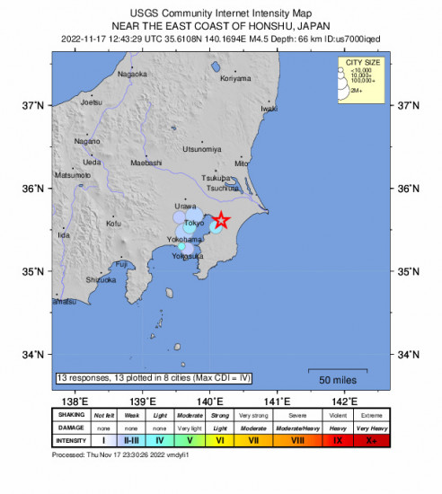 Community Internet Intensity Map for the Honshu, Japan 4.5m Earthquake, Thursday Nov. 17 2022, 9:43:29 PM