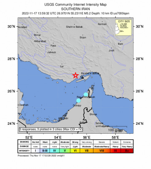 Community Internet Intensity Map for the Bandar-e Lengeh, Iran 5.2m Earthquake, Thursday Nov. 17 2022, 5:29:32 PM