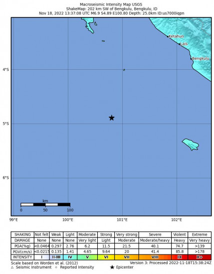 Macroseismic Intensity Map for the Bengkulu, Indonesia 6.9m Earthquake, Friday Nov. 18 2022, 8:37:08 PM