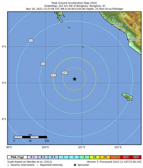 Peak Ground Acceleration Map for the Bengkulu, Indonesia 6.9m Earthquake, Friday Nov. 18 2022, 8:37:08 PM