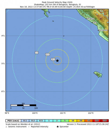 Peak Ground Velocity Map for the Bengkulu, Indonesia 6.9m Earthquake, Friday Nov. 18 2022, 8:37:08 PM