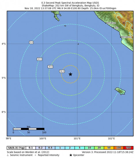 0.3 Second Peak Spectral Acceleration Map for the Bengkulu, Indonesia 6.9m Earthquake, Friday Nov. 18 2022, 8:37:08 PM