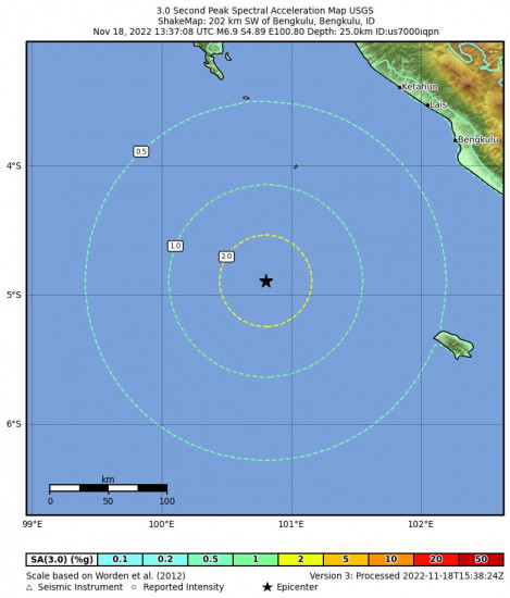 3 Second Peak Spectral Acceleration Map for the Bengkulu, Indonesia 6.9m Earthquake, Friday Nov. 18 2022, 8:37:08 PM