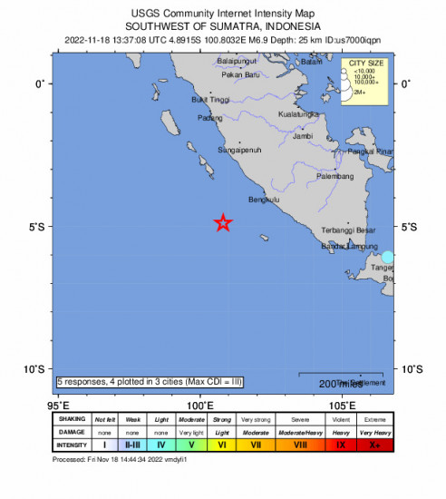 Community Internet Intensity Map for the Bengkulu, Indonesia 6.9m Earthquake, Friday Nov. 18 2022, 8:37:08 PM