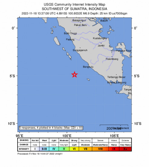 GEO Community Internet Intensity Map for the Bengkulu, Indonesia 6.9m Earthquake, Friday Nov. 18 2022, 8:37:08 PM