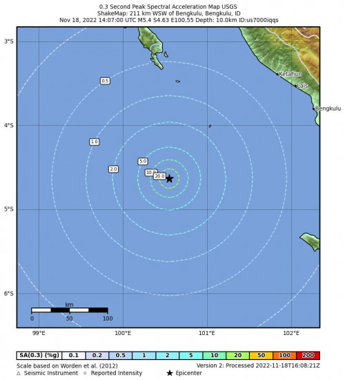 0.3 Second Peak Spectral Acceleration Map for the Bengkulu, Indonesia 5.4m Earthquake, Friday Nov. 18 2022, 9:07:00 PM