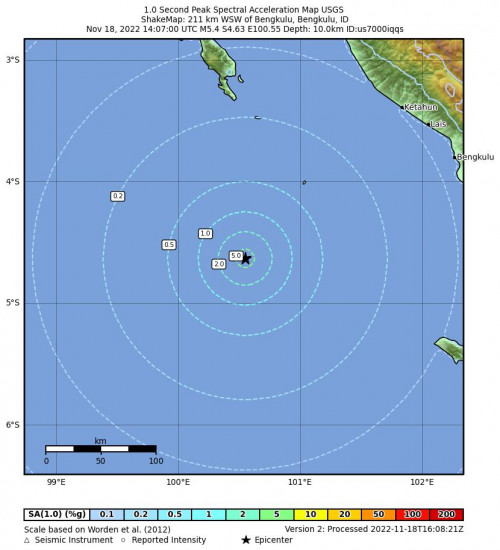1 Second Peak Spectral Acceleration Map for the Bengkulu, Indonesia 5.4m Earthquake, Friday Nov. 18 2022, 9:07:00 PM