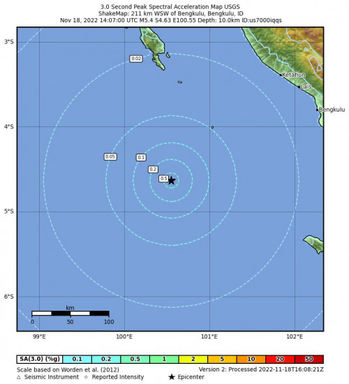 3 Second Peak Spectral Acceleration Map for the Bengkulu, Indonesia 5.4m Earthquake, Friday Nov. 18 2022, 9:07:00 PM