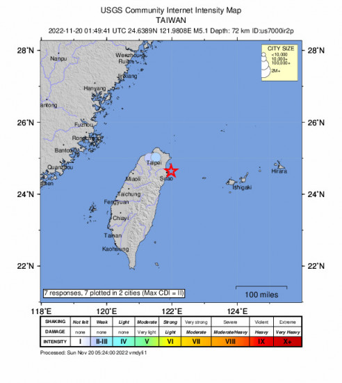 Community Internet Intensity Map for the Yilan, Taiwan 5.1m Earthquake, Sunday Nov. 20 2022, 9:49:41 AM
