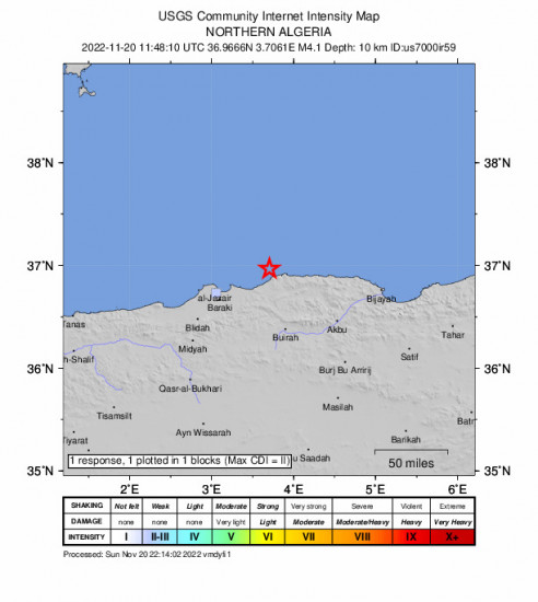 GEO Community Internet Intensity Map for the Northern Algeria 4.1m Earthquake, Sunday Nov. 20 2022, 12:48:10 PM