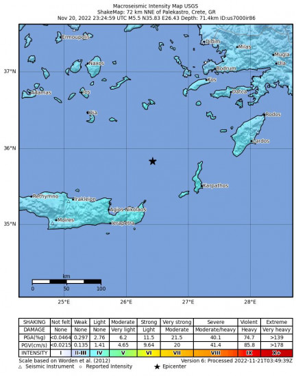 Macroseismic Intensity Map for the Crete, Greece 5.5m Earthquake, Monday Nov. 21 2022, 1:24:59 AM