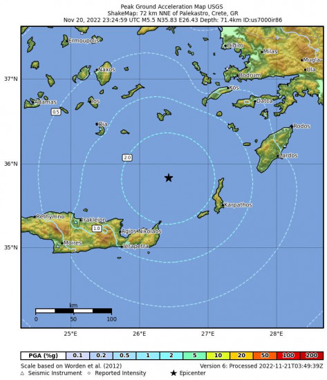 Peak Ground Acceleration Map for the Crete, Greece 5.5m Earthquake, Monday Nov. 21 2022, 1:24:59 AM