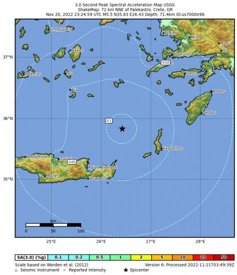 3 Second Peak Spectral Acceleration Map for the Crete, Greece 5.5m Earthquake, Monday Nov. 21 2022, 1:24:59 AM