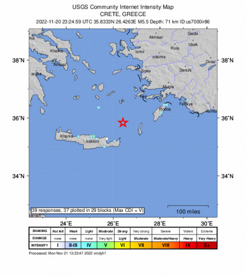 GEO Community Internet Intensity Map for the Crete, Greece 5.5m Earthquake, Monday Nov. 21 2022, 1:24:59 AM