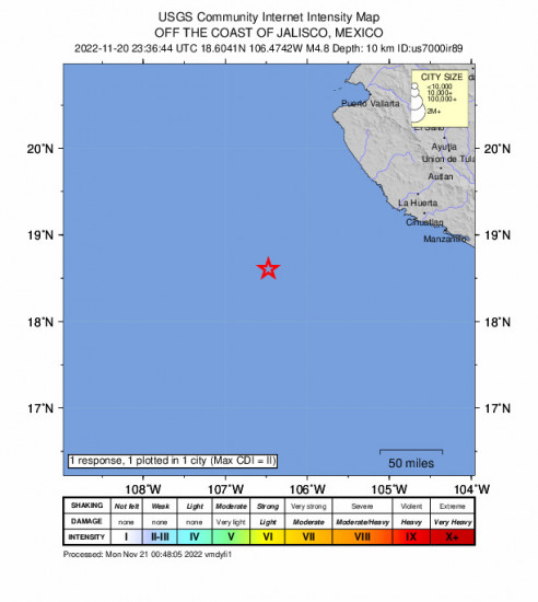 Community Internet Intensity Map for the José María Morelos, Mexico 4.8m Earthquake, Sunday Nov. 20 2022, 4:36:44 PM