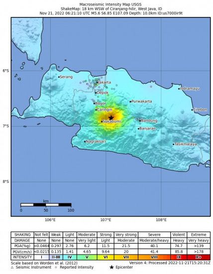 Macroseismic Intensity Map for the Ciranjang-hilir, Indonesia 5.6m Earthquake, Monday Nov. 21 2022, 1:21:10 PM