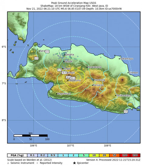 Peak Ground Acceleration Map for the Ciranjang-hilir, Indonesia 5.6m Earthquake, Monday Nov. 21 2022, 1:21:10 PM
