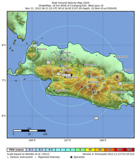 Peak Ground Velocity Map for the Ciranjang-hilir, Indonesia 5.6m Earthquake, Monday Nov. 21 2022, 1:21:10 PM