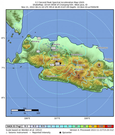 0.3 Second Peak Spectral Acceleration Map for the Ciranjang-hilir, Indonesia 5.6m Earthquake, Monday Nov. 21 2022, 1:21:10 PM