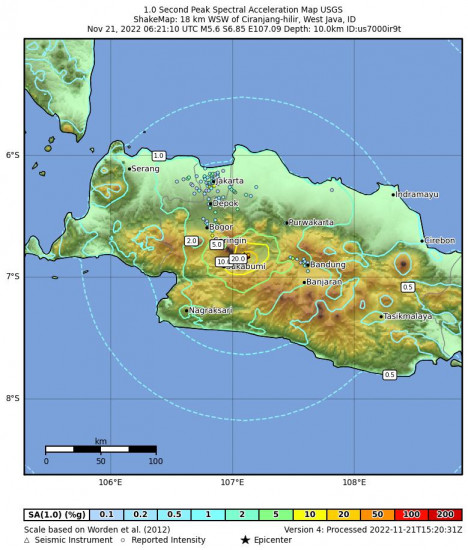 1 Second Peak Spectral Acceleration Map for the Ciranjang-hilir, Indonesia 5.6m Earthquake, Monday Nov. 21 2022, 1:21:10 PM