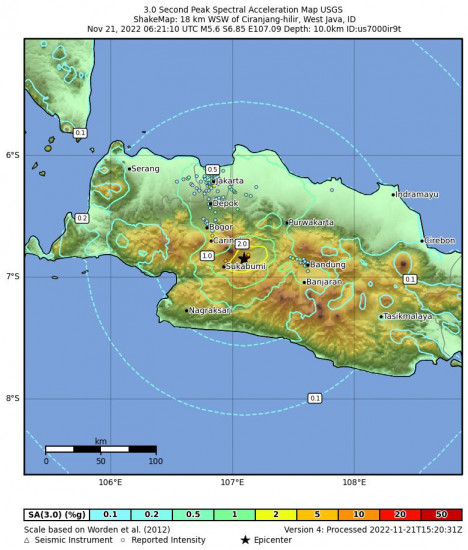 3 Second Peak Spectral Acceleration Map for the Ciranjang-hilir, Indonesia 5.6m Earthquake, Monday Nov. 21 2022, 1:21:10 PM