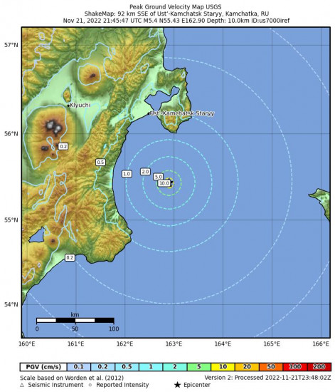 Peak Ground Velocity Map for the The Kamchatka Peninsula, Russia 5.4m Earthquake, Tuesday Nov. 22 2022, 9:45:47 AM