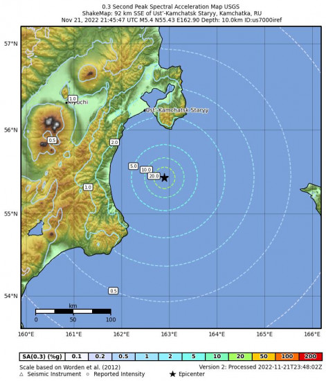 0.3 Second Peak Spectral Acceleration Map for the The Kamchatka Peninsula, Russia 5.4m Earthquake, Tuesday Nov. 22 2022, 9:45:47 AM