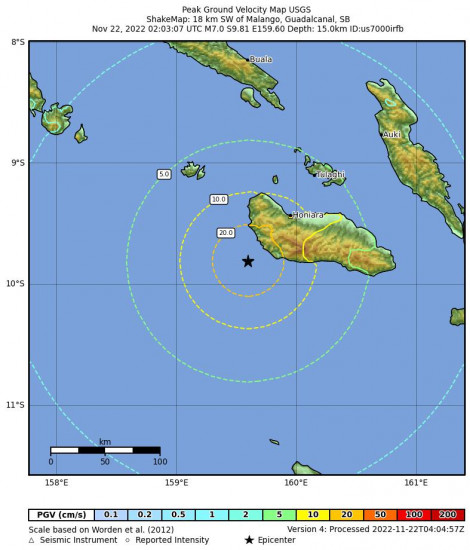 Peak Ground Velocity Map for the Malango, Solomon Islands 7m Earthquake, Tuesday Nov. 22 2022, 1:03:07 PM