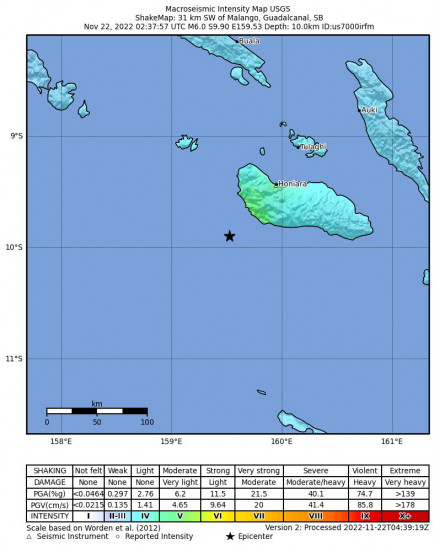Macroseismic Intensity Map for the Solomon Islands 6m Earthquake, Tuesday Nov. 22 2022, 1:37:57 PM