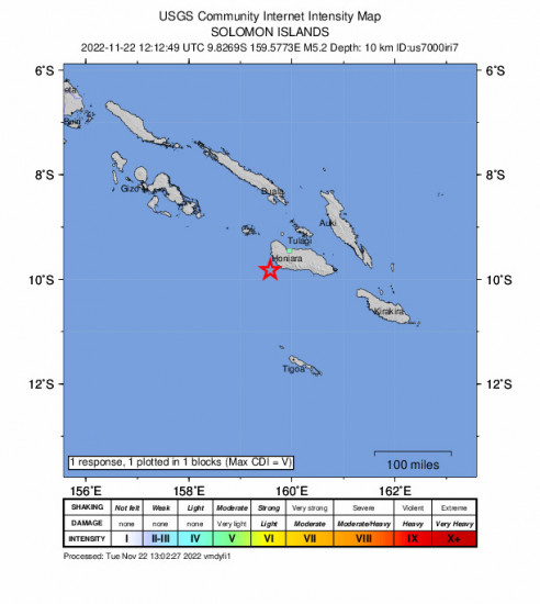 GEO Community Internet Intensity Map for the Solomon Islands 5.2m Earthquake, Tuesday Nov. 22 2022, 11:12:49 PM