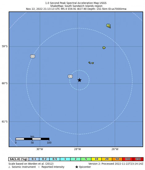 1 Second Peak Spectral Acceleration Map for the South Sandwich Islands Region 5.4m Earthquake, Tuesday Nov. 22 2022, 7:13:13 PM