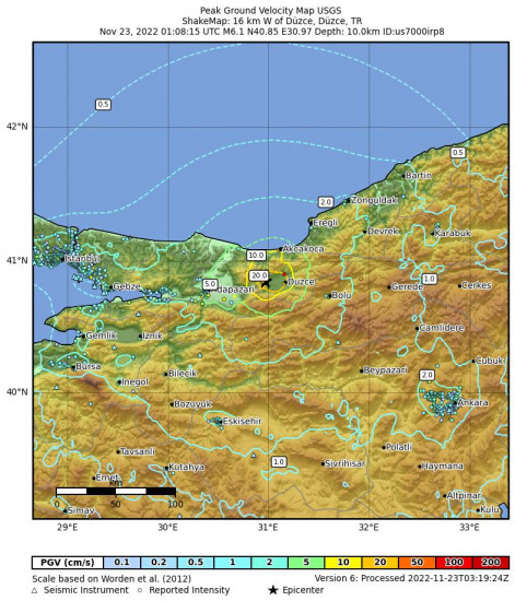 Peak Ground Velocity Map for the Düzce, Turkey 6.1m Earthquake, Wednesday Nov. 23 2022, 4:08:15 AM