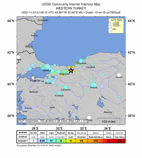 Community Internet Intensity Map for the Düzce, Turkey 6.1m Earthquake, Wednesday Nov. 23 2022, 4:08:15 AM