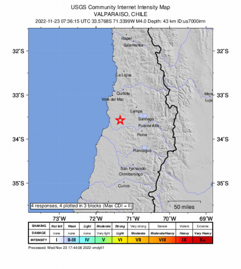 GEO Community Internet Intensity Map for the Melipilla, Chile 4m Earthquake, Wednesday Nov. 23 2022, 4:36:15 AM