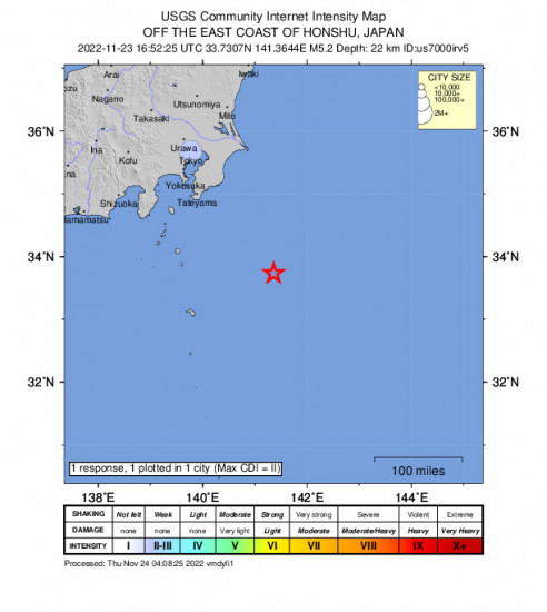 Community Internet Intensity Map for the Katsuura, Japan 5.2m Earthquake, Thursday Nov. 24 2022, 1:52:25 AM