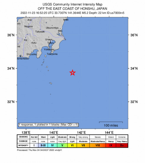 GEO Community Internet Intensity Map for the Katsuura, Japan 5.2m Earthquake, Thursday Nov. 24 2022, 1:52:25 AM