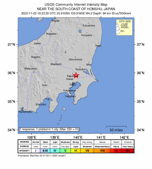 Community Internet Intensity Map for the Nagareyama, Japan 4.2m Earthquake, Thursday Nov. 24 2022, 4:33:20 AM