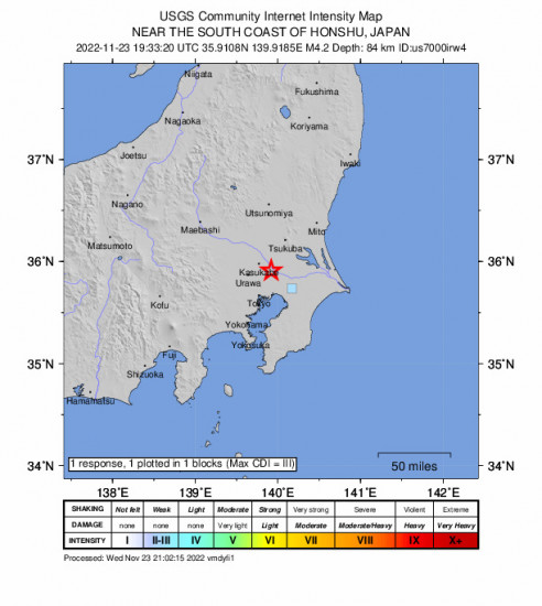 GEO Community Internet Intensity Map for the Nagareyama, Japan 4.2m Earthquake, Thursday Nov. 24 2022, 4:33:20 AM