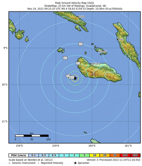 Peak Ground Velocity Map for the Malango, Solomon Islands 5.4m Earthquake, Thursday Nov. 24 2022, 8:15:25 PM