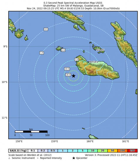 0.3 Second Peak Spectral Acceleration Map for the Malango, Solomon Islands 5.4m Earthquake, Thursday Nov. 24 2022, 8:15:25 PM