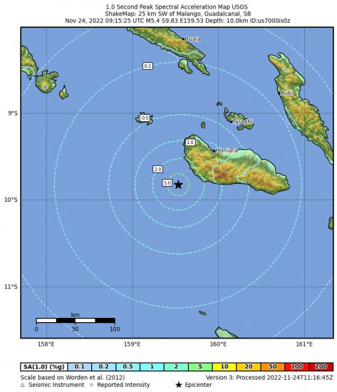 1 Second Peak Spectral Acceleration Map for the Malango, Solomon Islands 5.4m Earthquake, Thursday Nov. 24 2022, 8:15:25 PM