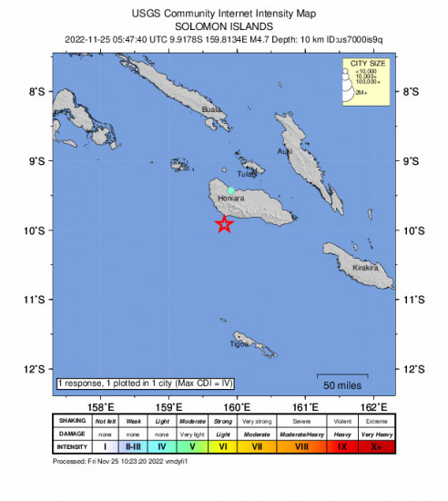 Community Internet Intensity Map for the Solomon Islands 4.7m Earthquake, Friday Nov. 25 2022, 4:47:40 PM