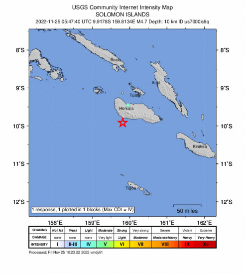 GEO Community Internet Intensity Map for the Solomon Islands 4.7m Earthquake, Friday Nov. 25 2022, 4:47:40 PM