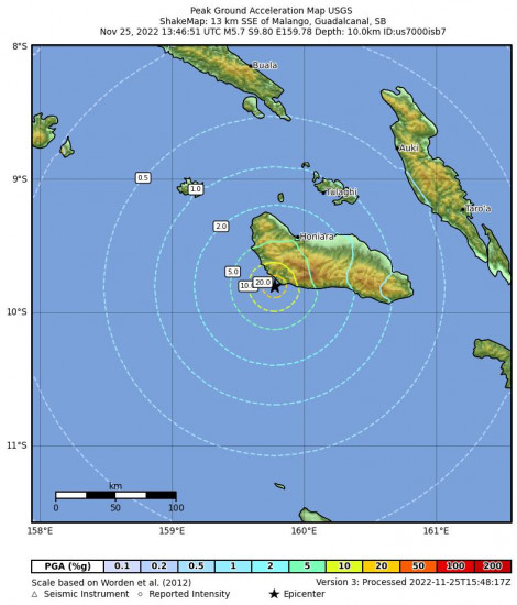 Peak Ground Acceleration Map for the Solomon Islands 5.7m Earthquake, Saturday Nov. 26 2022, 12:46:51 AM