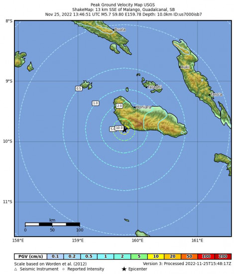 Peak Ground Velocity Map for the Solomon Islands 5.7m Earthquake, Saturday Nov. 26 2022, 12:46:51 AM
