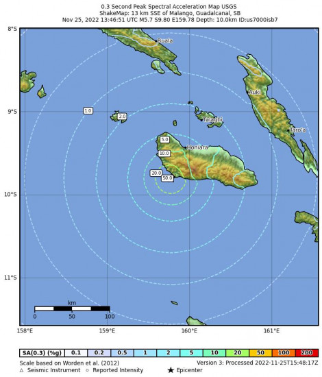 0.3 Second Peak Spectral Acceleration Map for the Solomon Islands 5.7m Earthquake, Saturday Nov. 26 2022, 12:46:51 AM